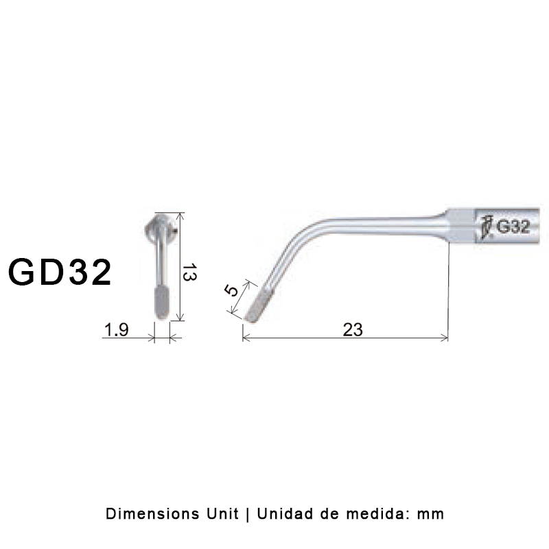 Punta ultrasonidos Woodpecker GD32 compatible SATELEC, Tallado HOMBRO | Profilaxis